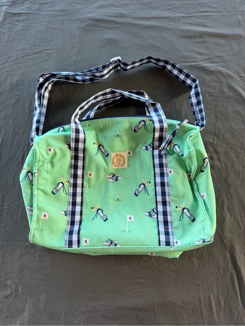 Green Golf-Print Tote Bag with Check Strap